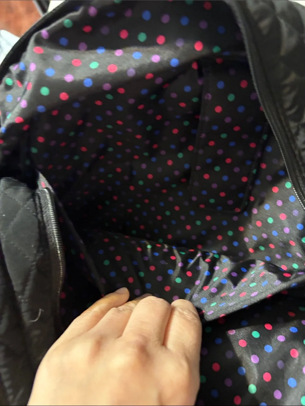 Vera Bradley Black Quilted Backpack with Polka Dot Trim